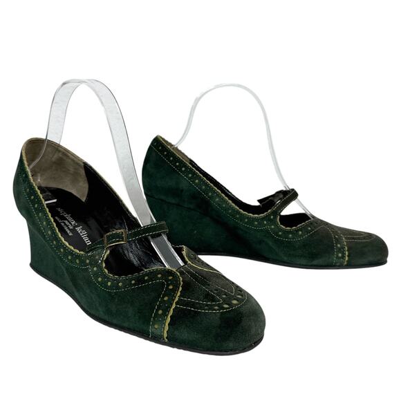 Stephane‎ Kelian Womens 6 Wedge Mary Jane Heels Green Suede - Picture 1 of 12